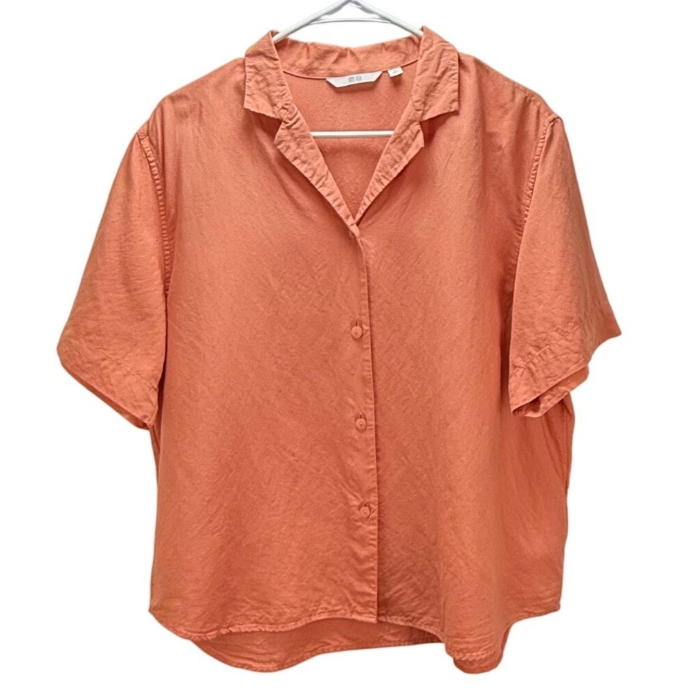 Uniqlo Linen Blend Button Down Shirt XL Orange Short Sleeve Notch Lapel Coastal